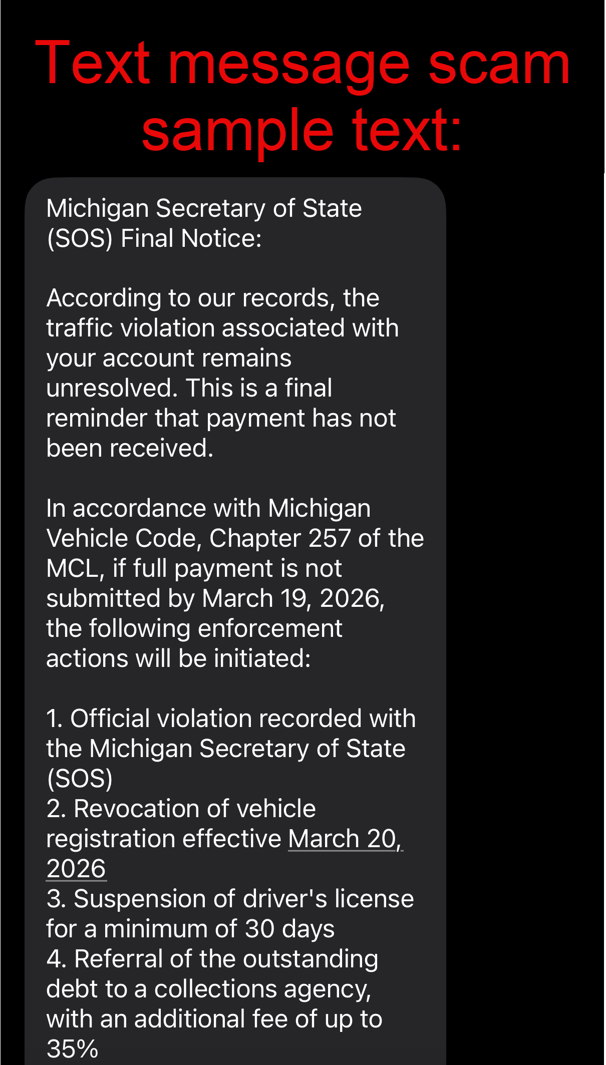 Sample Text from Scam Text Message